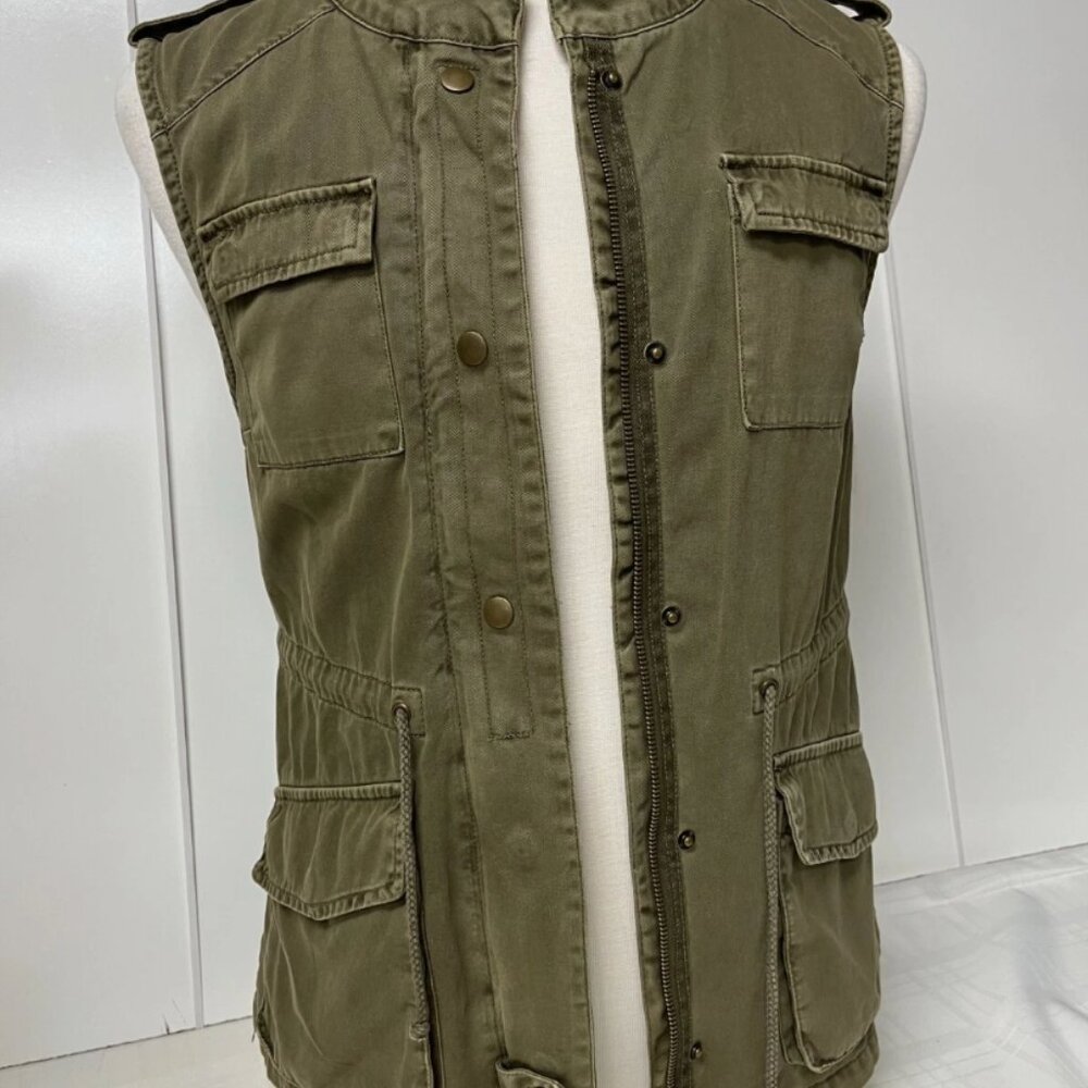 Vest Jacket Per Se Olive Women sz XL Canvas Zip/Snap Drawstring Waist Pockets